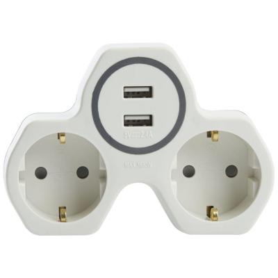 Разветвитель сетевой с 2хUSB 2гн с/з Stekker 32872