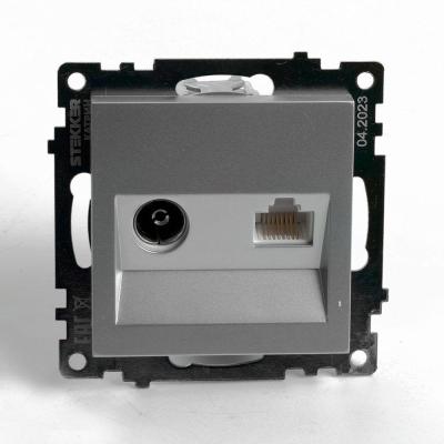 Розетка телевизионная TV + компьютерная RJ-45 Stekker Катрин серебро 49183 Розетка телевизионная TV + компьютерная RJ-45 Stekker Катрин серебро 49183